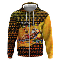 Tropical Christmas In July Santa Claus Zip Hoodie Festive Hawaiian With Beach Reindeer Sleigh TS04 Zip Hoodie Orange Black - Polynesian Pride