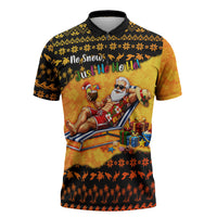 Tropical Christmas In July Santa Claus Zipper Polo Shirt Festive Hawaiian With Beach Reindeer Sleigh TS04 Orange Black - Polynesian Pride