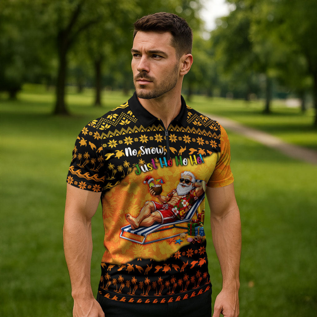 Tropical Christmas In July Santa Claus Zipper Polo Shirt Festive Hawaiian With Beach Reindeer Sleigh TS04 - Polynesian Pride