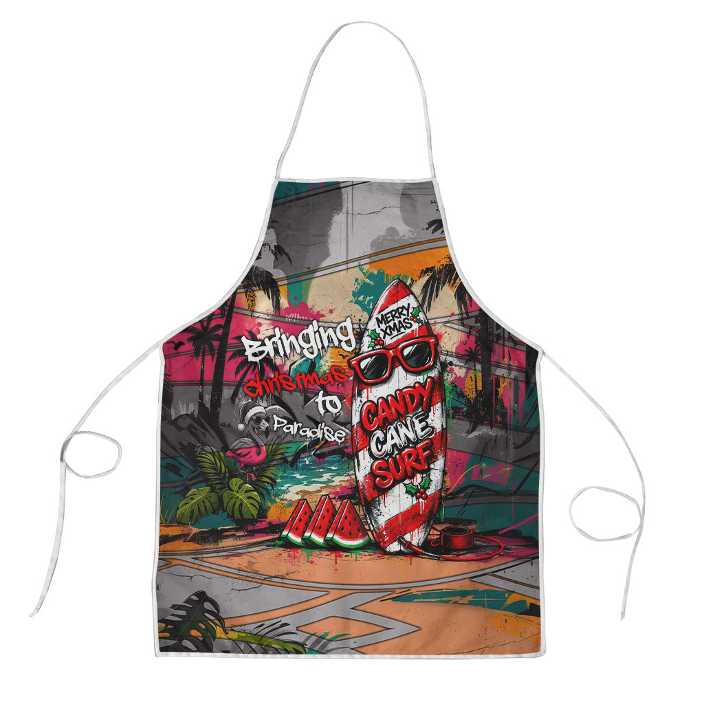 Tropical Christmas In July Candy Cane Surf Apron Vibrant Street Art Beach Graffiti Graphic
