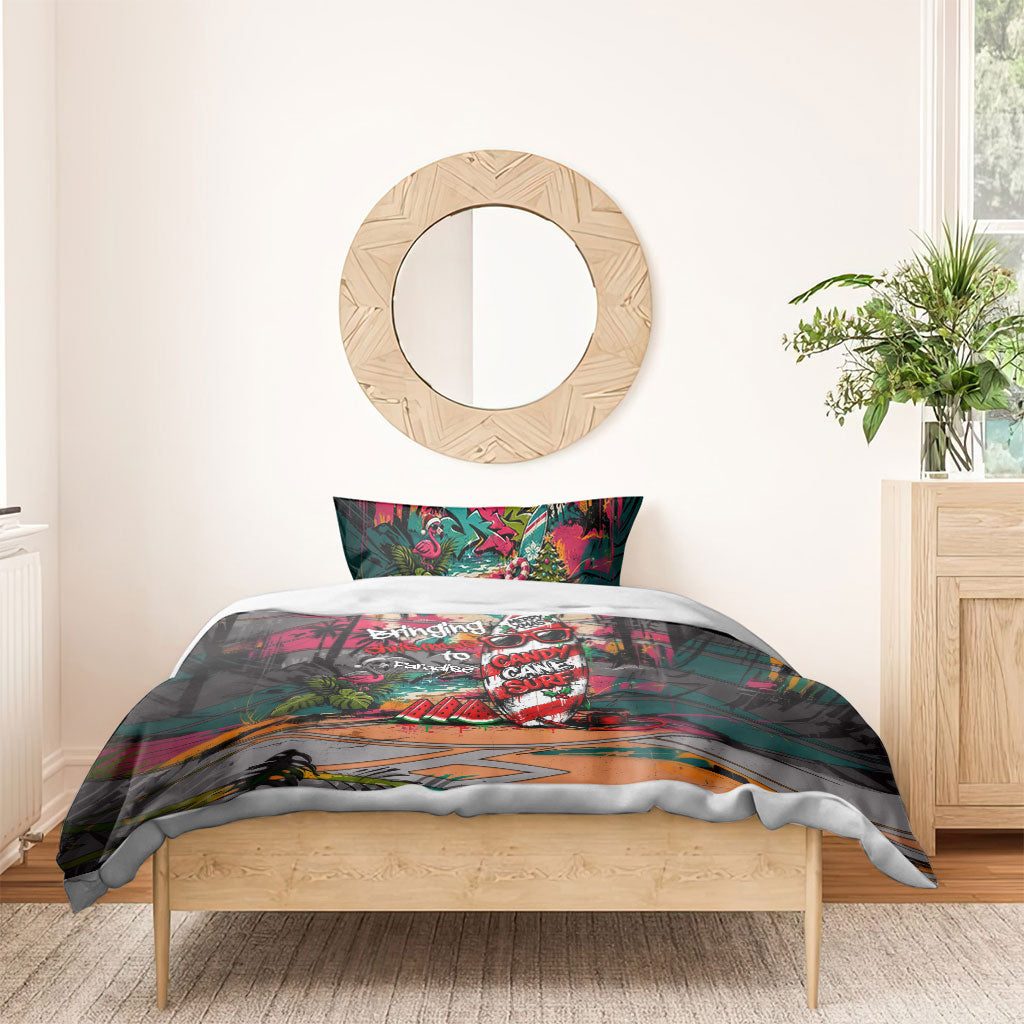 Tropical Christmas In July Candy Cane Surf Bedding Set Vibrant Street Art Beach Graffiti Graphic