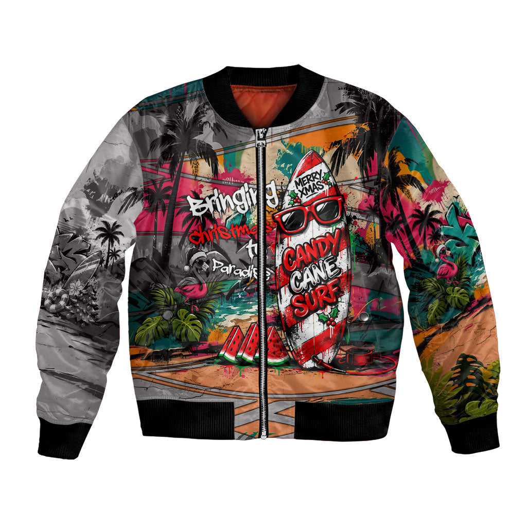 Tropical Christmas In July Candy Cane Surf Bomber Jacket Vibrant Street Art Beach Graffiti Graphic