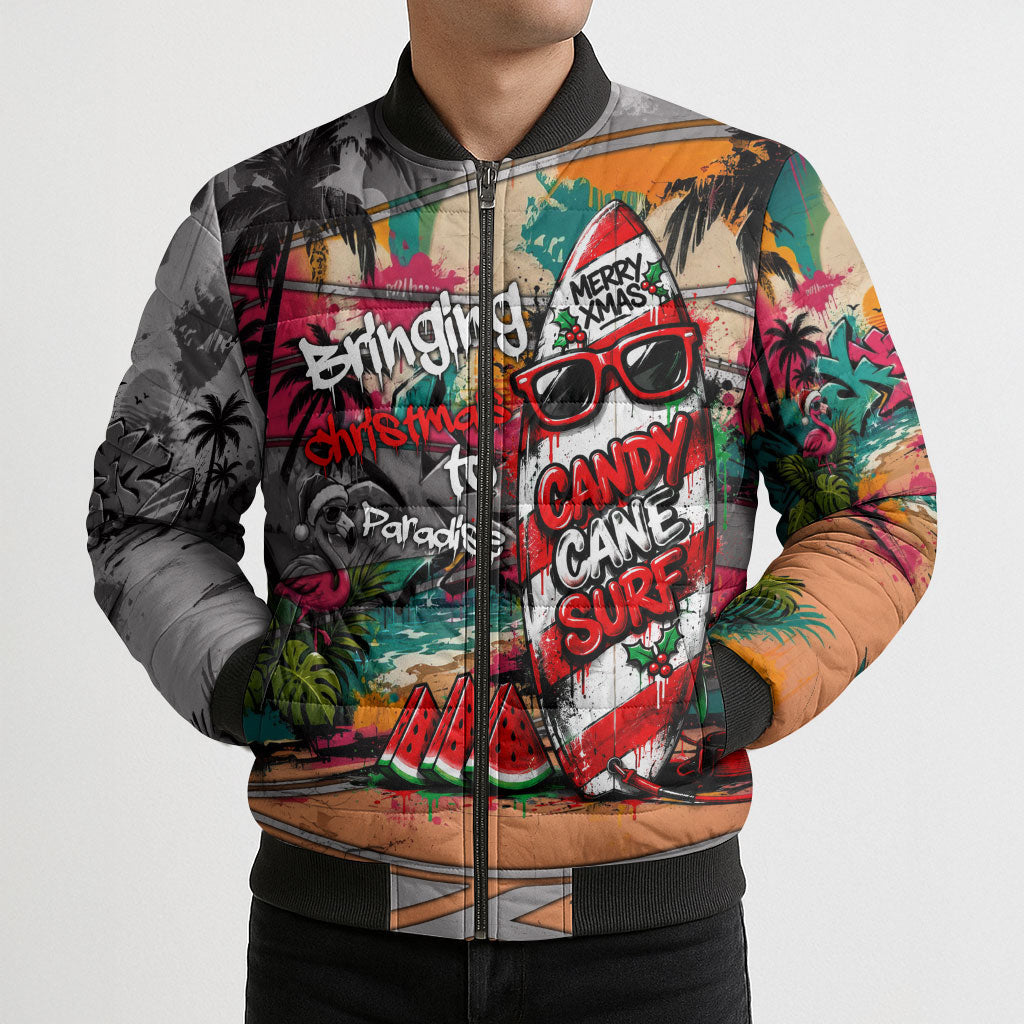 Tropical Christmas In July Candy Cane Surf Bomber Puffer Jacket Vibrant Street Art Beach Graffiti Graphic