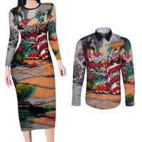 Tropical Christmas In July Candy Cane Surf Couples Matching Long Sleeve Bodycon Dress and Long Sleeve Button Shirt Vibrant Street Art Beach Graffiti Graphic TS04 Orange Grey - Polynesian Pride