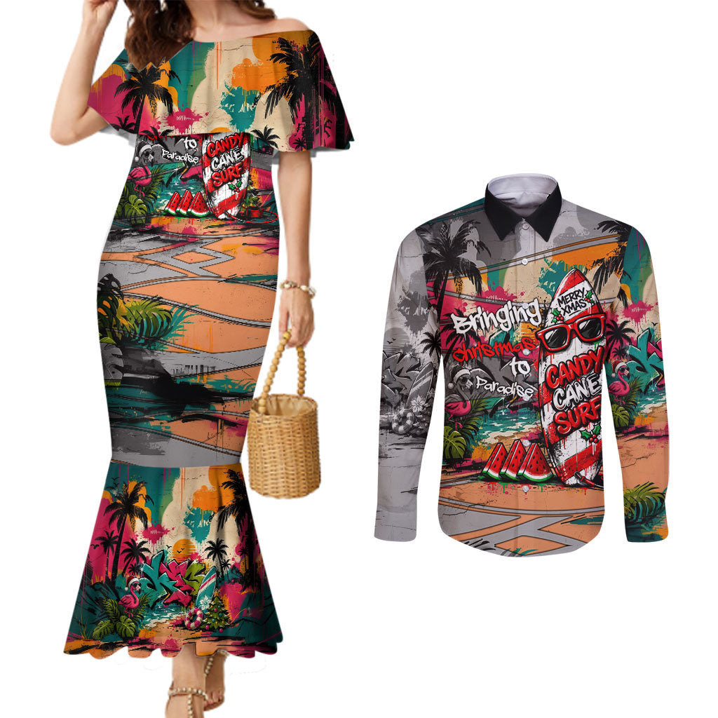 Tropical Christmas In July Candy Cane Surf Couples Matching Mermaid Dress and Long Sleeve Button Shirt Vibrant Street Art Beach Graffiti Graphic TS04 Orange Grey - Polynesian Pride