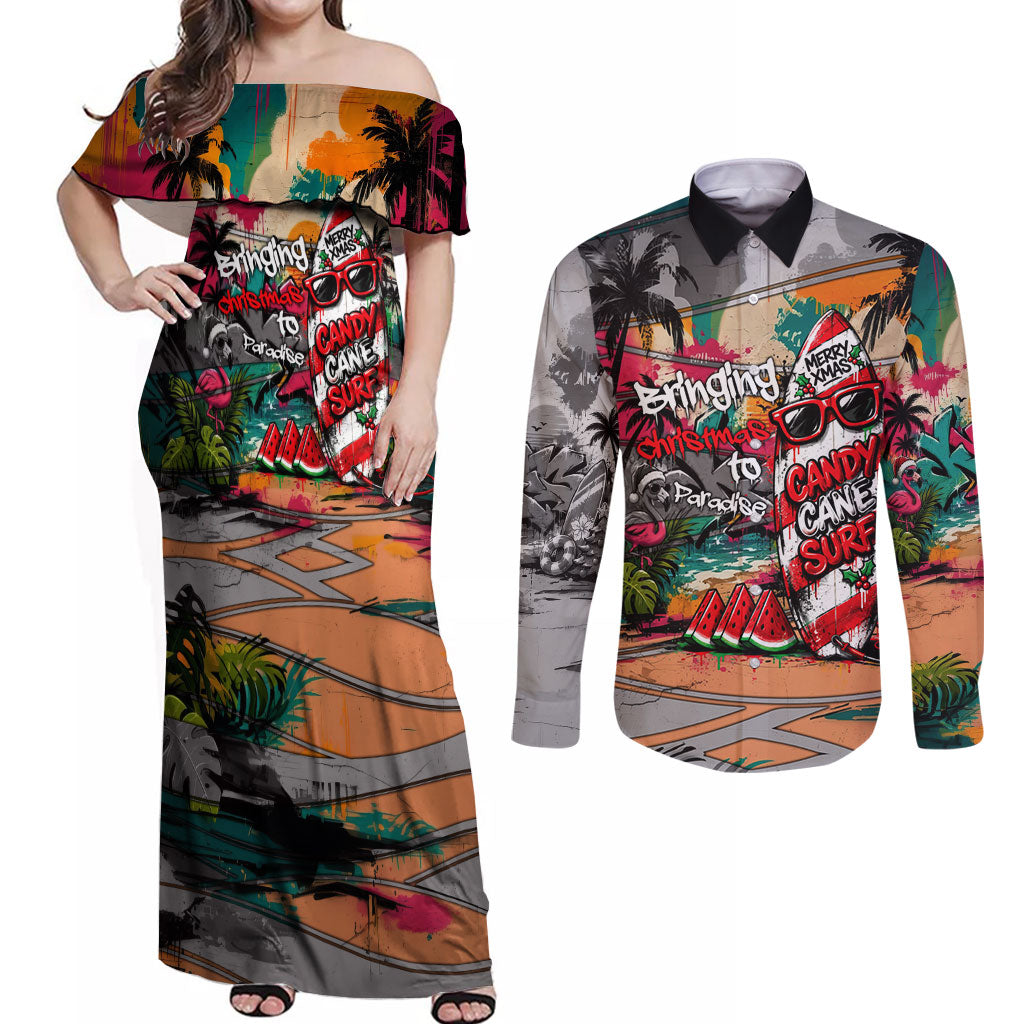 Tropical Christmas In July Candy Cane Surf Couples Matching Off Shoulder Maxi Dress and Long Sleeve Button Shirt Vibrant Street Art Beach Graffiti Graphic TS04 Orange Grey - Polynesian Pride