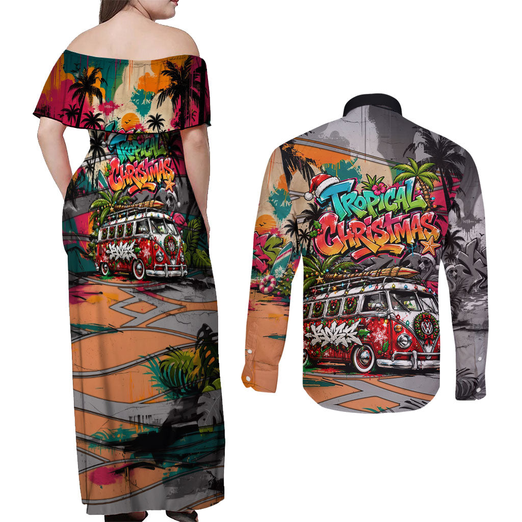 Tropical Christmas In July Candy Cane Surf Couples Matching Off Shoulder Maxi Dress and Long Sleeve Button Shirt Vibrant Street Art Beach Graffiti Graphic TS04 - Polynesian Pride