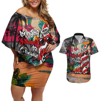 Tropical Christmas In July Candy Cane Surf Couples Matching Off Shoulder Short Dress and Hawaiian Shirt Vibrant Street Art Beach Graffiti Graphic TS04 Orange Grey - Polynesian Pride