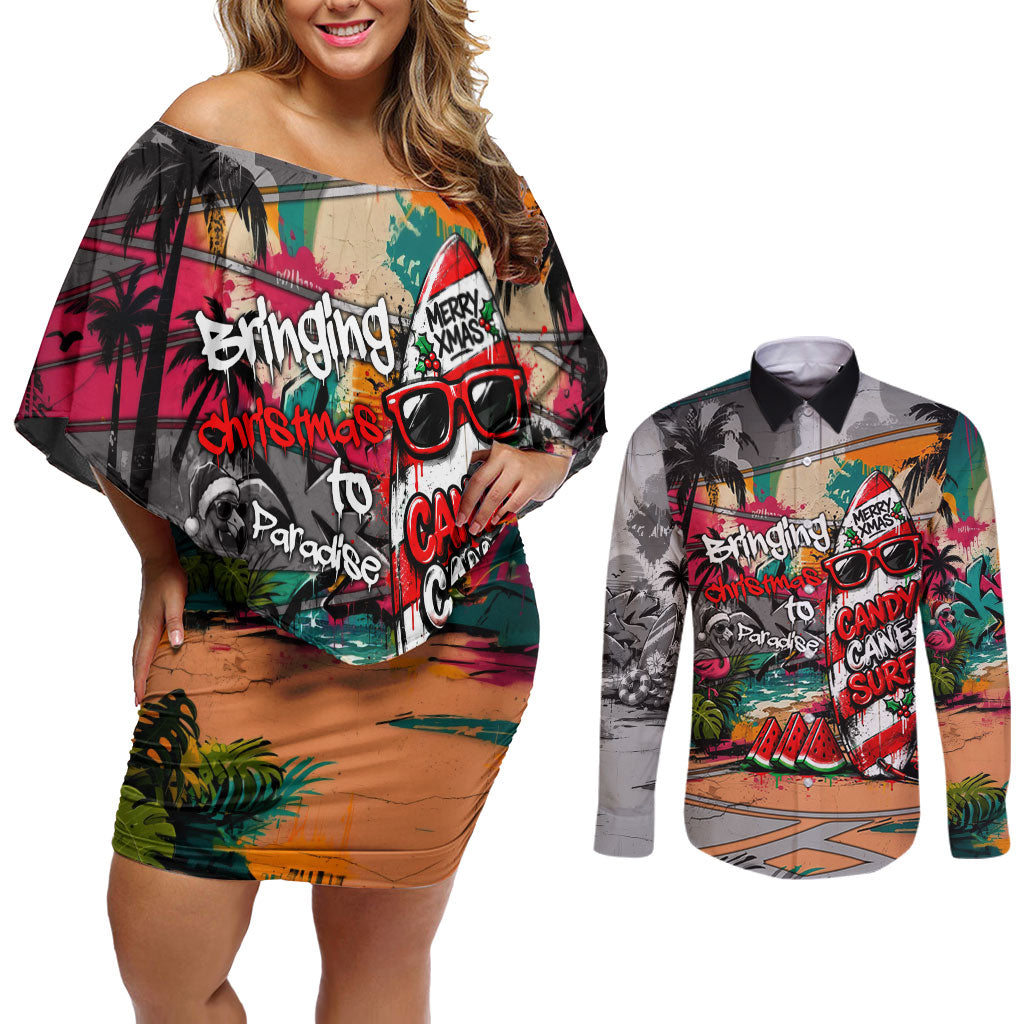 Tropical Christmas In July Candy Cane Surf Couples Matching Off Shoulder Short Dress and Long Sleeve Button Shirt Vibrant Street Art Beach Graffiti Graphic TS04 Orange Grey - Polynesian Pride