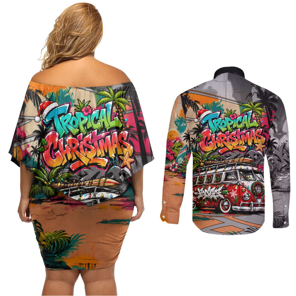 Tropical Christmas In July Candy Cane Surf Couples Matching Off Shoulder Short Dress and Long Sleeve Button Shirt Vibrant Street Art Beach Graffiti Graphic TS04 - Polynesian Pride