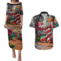 Tropical Christmas In July Candy Cane Surf Couples Matching Puletasi and Hawaiian Shirt Vibrant Street Art Beach Graffiti Graphic TS04 Orange Grey - Polynesian Pride