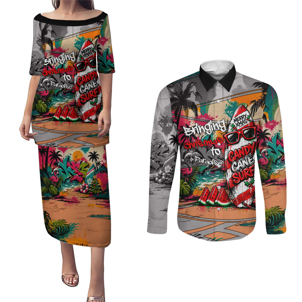 Tropical Christmas In July Candy Cane Surf Couples Matching Puletasi and Long Sleeve Button Shirt Vibrant Street Art Beach Graffiti Graphic TS04 Orange Grey - Polynesian Pride