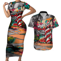 Tropical Christmas In July Candy Cane Surf Couples Matching Short Sleeve Bodycon Dress and Hawaiian Shirt Vibrant Street Art Beach Graffiti Graphic TS04 Orange Grey - Polynesian Pride