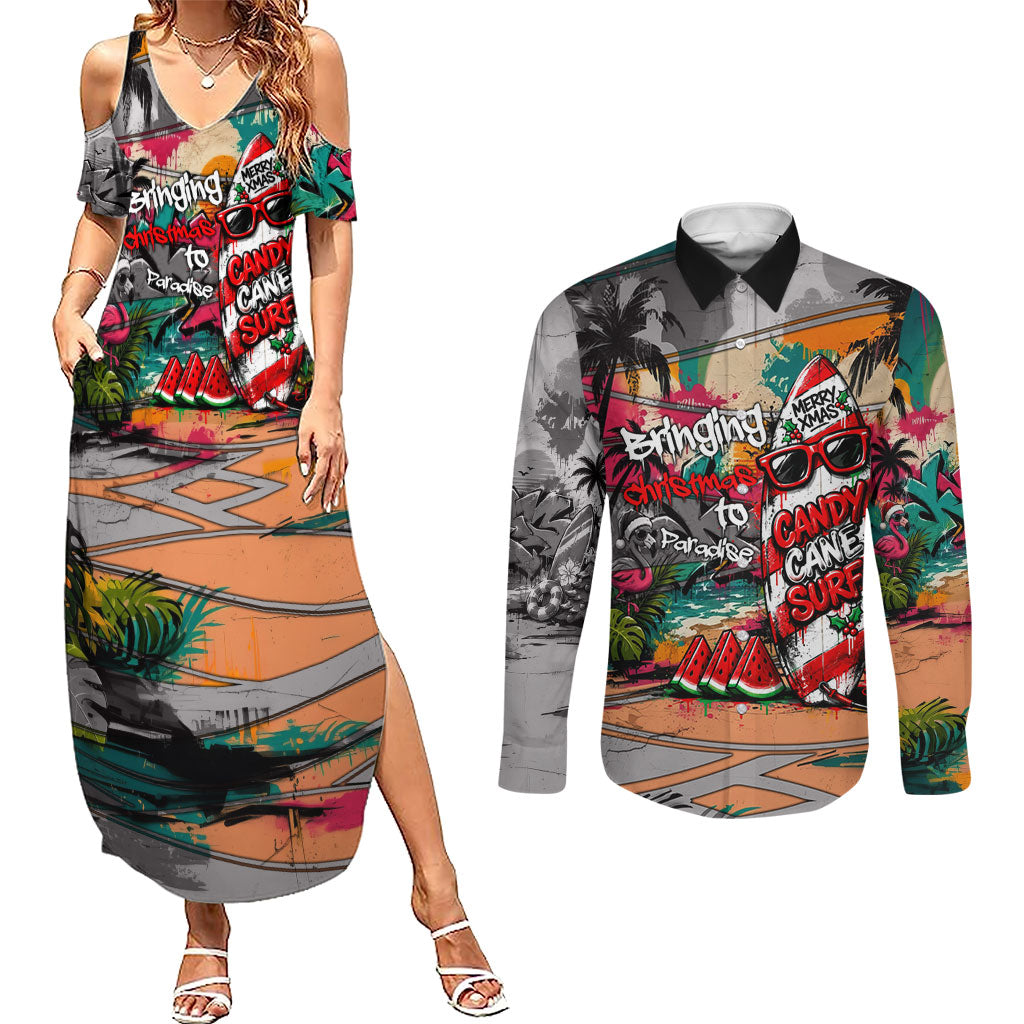 Tropical Christmas In July Candy Cane Surf Couples Matching Summer Maxi Dress and Long Sleeve Button Shirt Vibrant Street Art Beach Graffiti Graphic TS04 Orange Grey - Polynesian Pride
