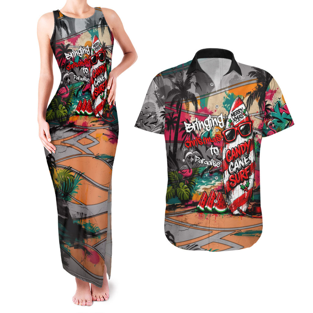 Tropical Christmas In July Candy Cane Surf Couples Matching Tank Maxi Dress and Hawaiian Shirt Vibrant Street Art Beach Graffiti Graphic TS04 Orange Grey - Polynesian Pride