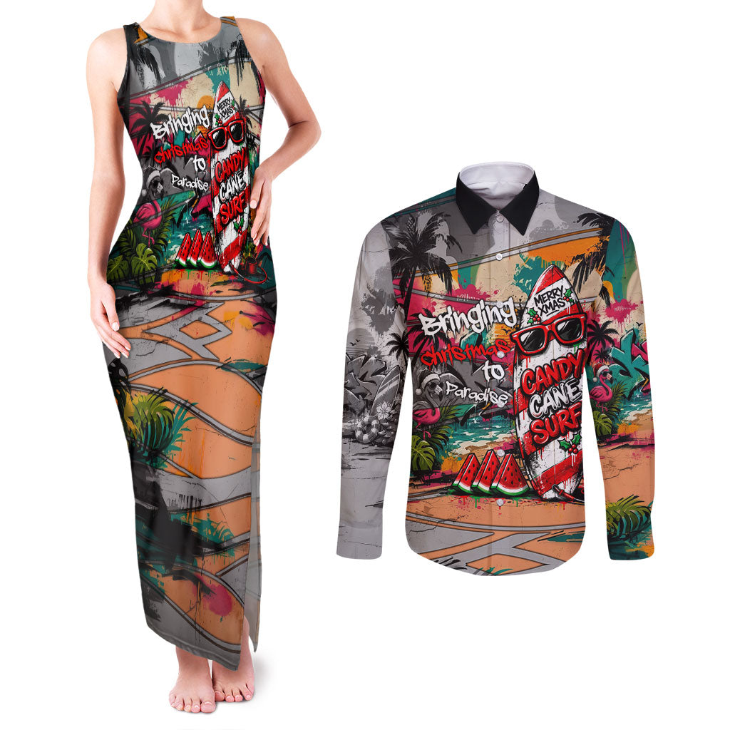 Tropical Christmas In July Candy Cane Surf Couples Matching Tank Maxi Dress and Long Sleeve Button Shirt Vibrant Street Art Beach Graffiti Graphic TS04 Orange Grey - Polynesian Pride