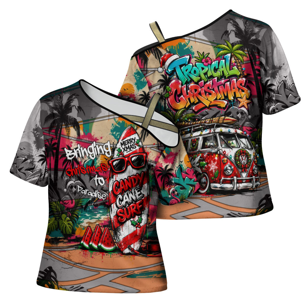 Tropical Christmas In July Candy Cane Surf Cross Shoulder Shirt Vibrant Street Art Beach Graffiti Graphic