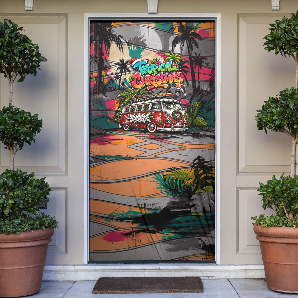 Tropical Christmas In July Candy Cane Surf Door Cover Vibrant Street Art Beach Graffiti Graphic