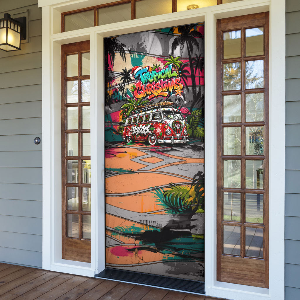 Tropical Christmas In July Candy Cane Surf Door Cover Vibrant Street Art Beach Graffiti Graphic