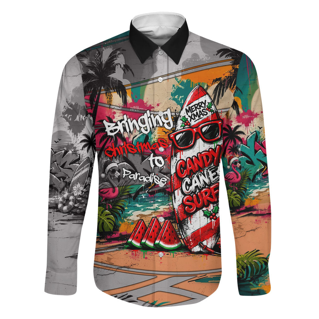 Tropical Christmas In July Candy Cane Surf Family Matching Off The Shoulder Long Sleeve Dress and Hawaiian Shirt Vibrant Street Art Beach Graffiti Graphic TS04 Dad's Shirt - Long Sleeve Orange Grey - Polynesian Pride