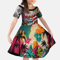 Tropical Christmas In July Candy Cane Surf Family Matching Off Shoulder Short Dress and Hawaiian Shirt Vibrant Street Art Beach Graffiti Graphic TS04 Daughter's Dress Orange Grey - Polynesian Pride