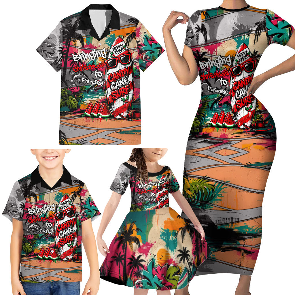 Tropical Christmas In July Candy Cane Surf Family Matching Short Sleeve Bodycon Dress and Hawaiian Shirt Vibrant Street Art Beach Graffiti Graphic TS04 - Polynesian Pride