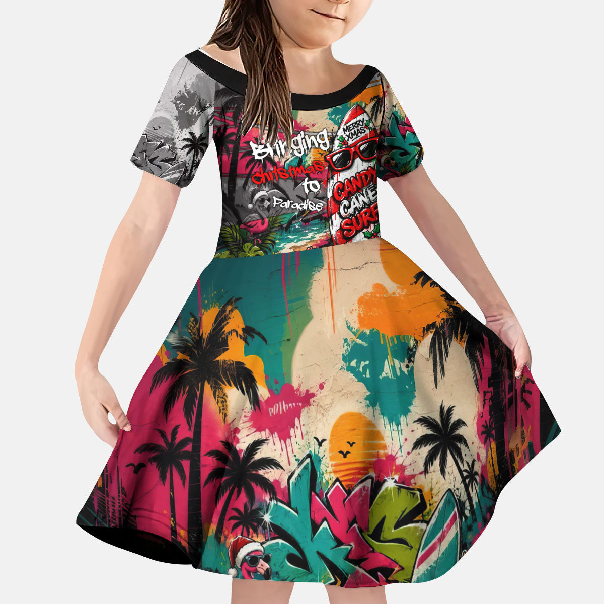 Tropical Christmas In July Candy Cane Surf Kid Short Sleeve Dress Vibrant Street Art Beach Graffiti Graphic TS04 KID Orange Grey - Polynesian Pride