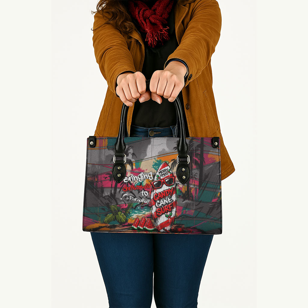 Tropical Christmas In July Candy Cane Surf Leather Bag Vibrant Street Art Beach Graffiti Graphic