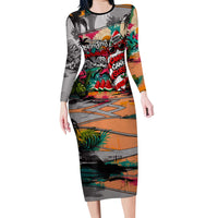 Tropical Christmas In July Candy Cane Surf Long Sleeve Bodycon Dress Vibrant Street Art Beach Graffiti Graphic TS04 Long Dress Orange Grey - Polynesian Pride