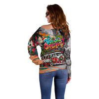 Tropical Christmas In July Candy Cane Surf Off Shoulder Sweater Vibrant Street Art Beach Graffiti Graphic