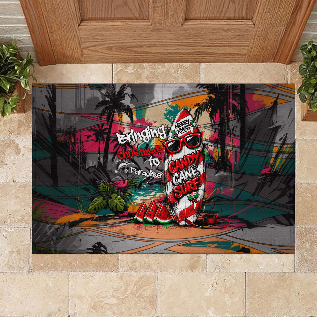 Tropical Christmas In July Candy Cane Surf Rubber Doormat Vibrant Street Art Beach Graffiti Graphic