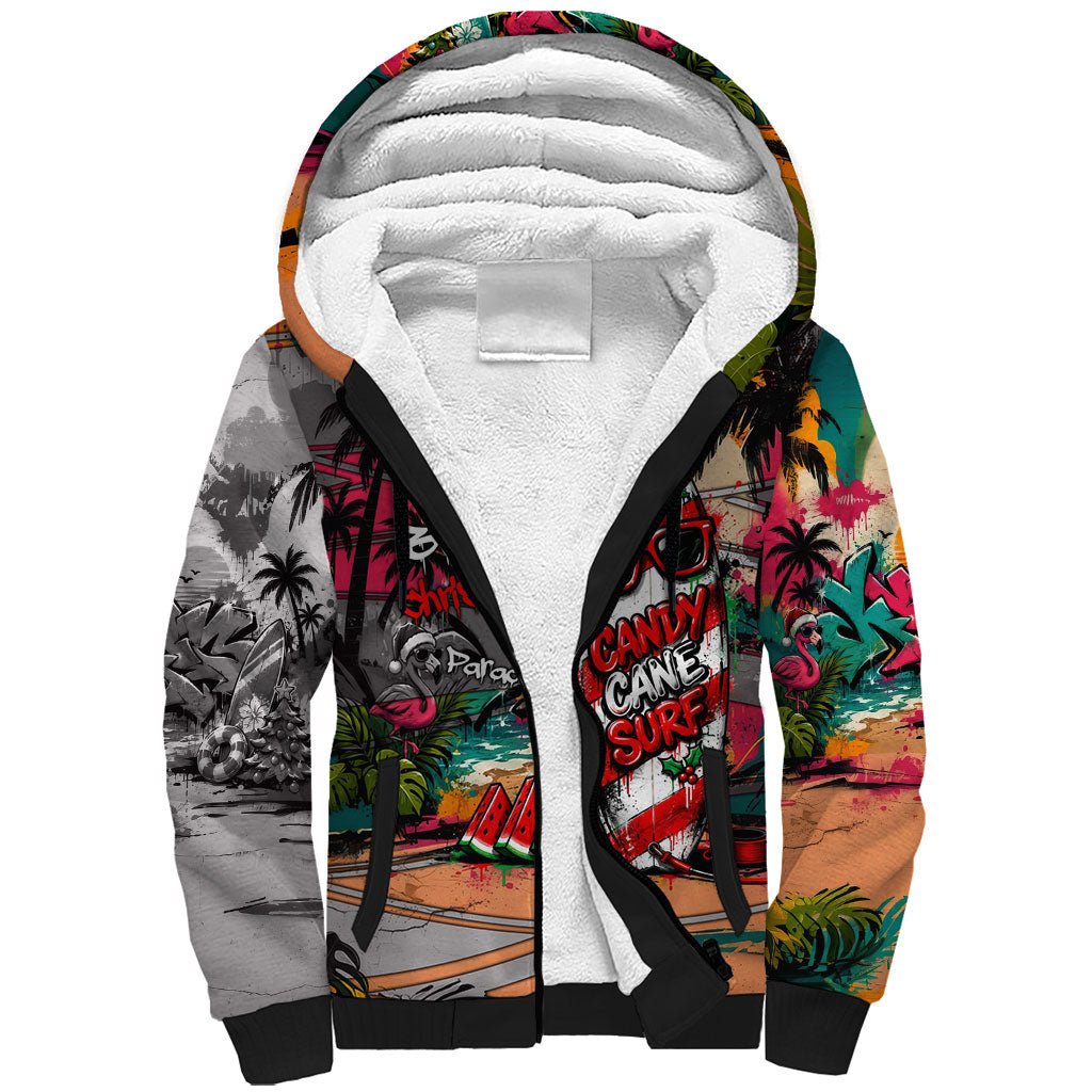 Tropical Christmas In July Candy Cane Surf Sherpa Hoodie Vibrant Street Art Beach Graffiti Graphic