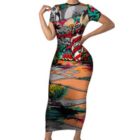 Tropical Christmas In July Candy Cane Surf Short Sleeve Bodycon Dress Vibrant Street Art Beach Graffiti Graphic TS04 Long Dress Orange Grey - Polynesian Pride