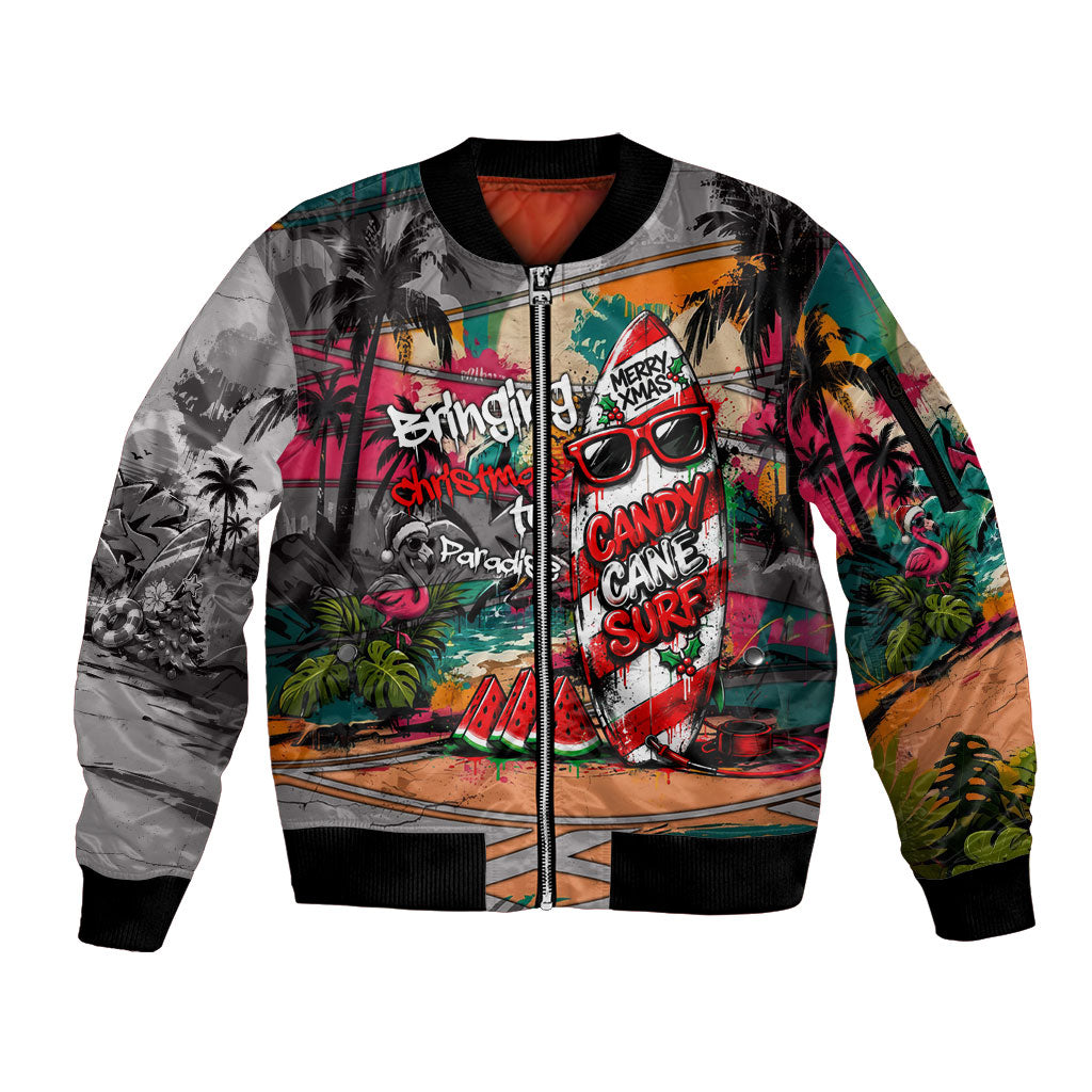 Tropical Christmas In July Candy Cane Surf Sleeve Zip Bomber Jacket Vibrant Street Art Beach Graffiti Graphic