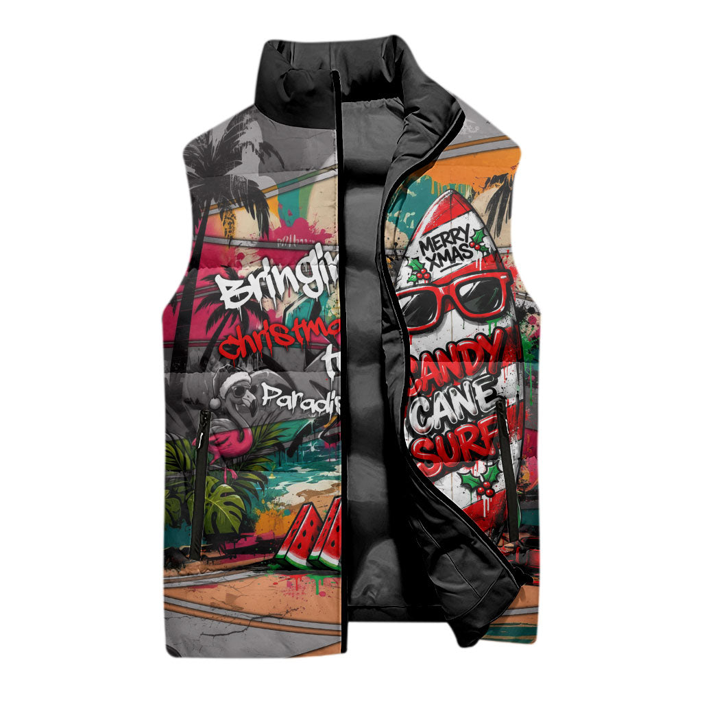 Tropical Christmas In July Candy Cane Surf Sleeveless Puffer Jacket Vibrant Street Art Beach Graffiti Graphic