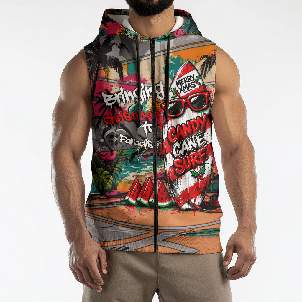 Tropical Christmas In July Candy Cane Surf Sleeveless Zip Hoodie Vibrant Street Art Beach Graffiti Graphic TS04 - Polynesian Pride