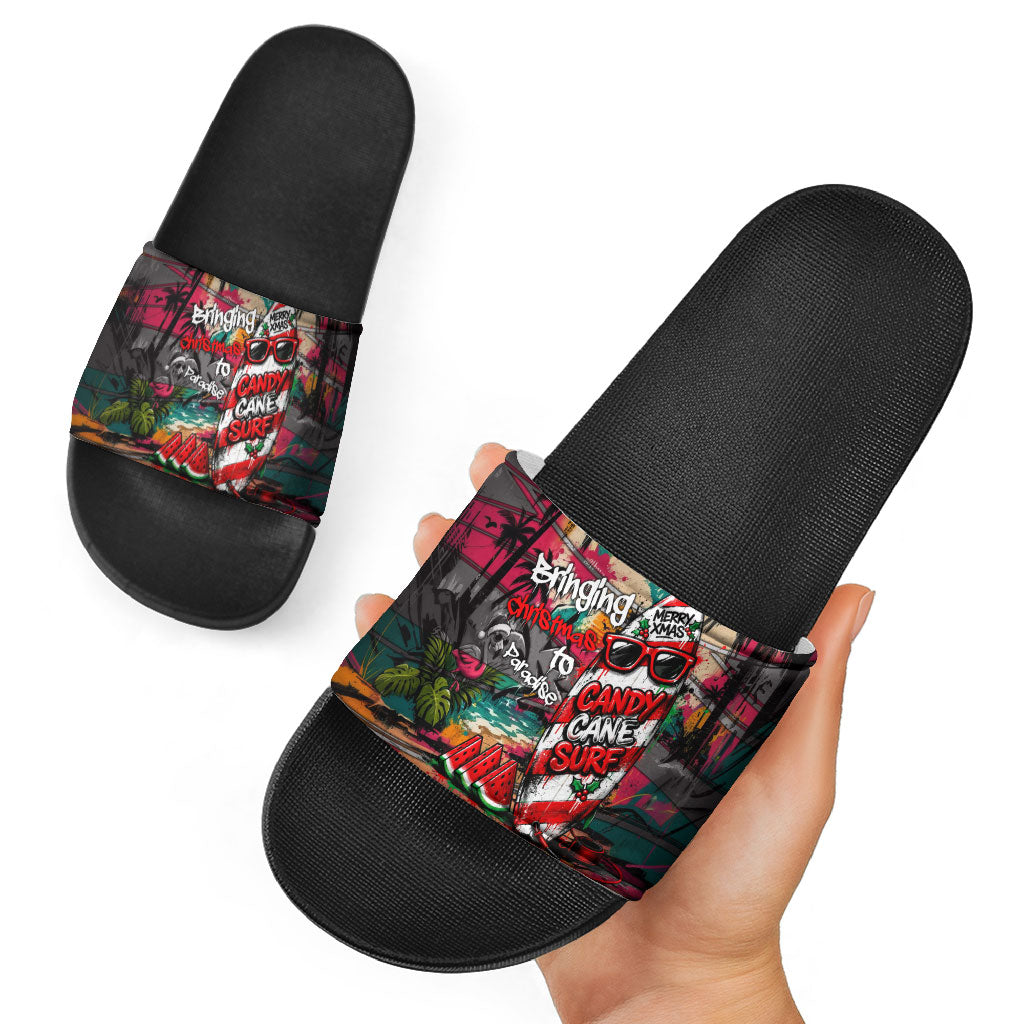 Tropical Christmas In July Candy Cane Surf Slide Sandals Vibrant Street Art Beach Graffiti Graphic