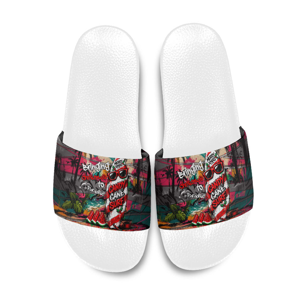 Tropical Christmas In July Candy Cane Surf Slide Sandals Vibrant Street Art Beach Graffiti Graphic