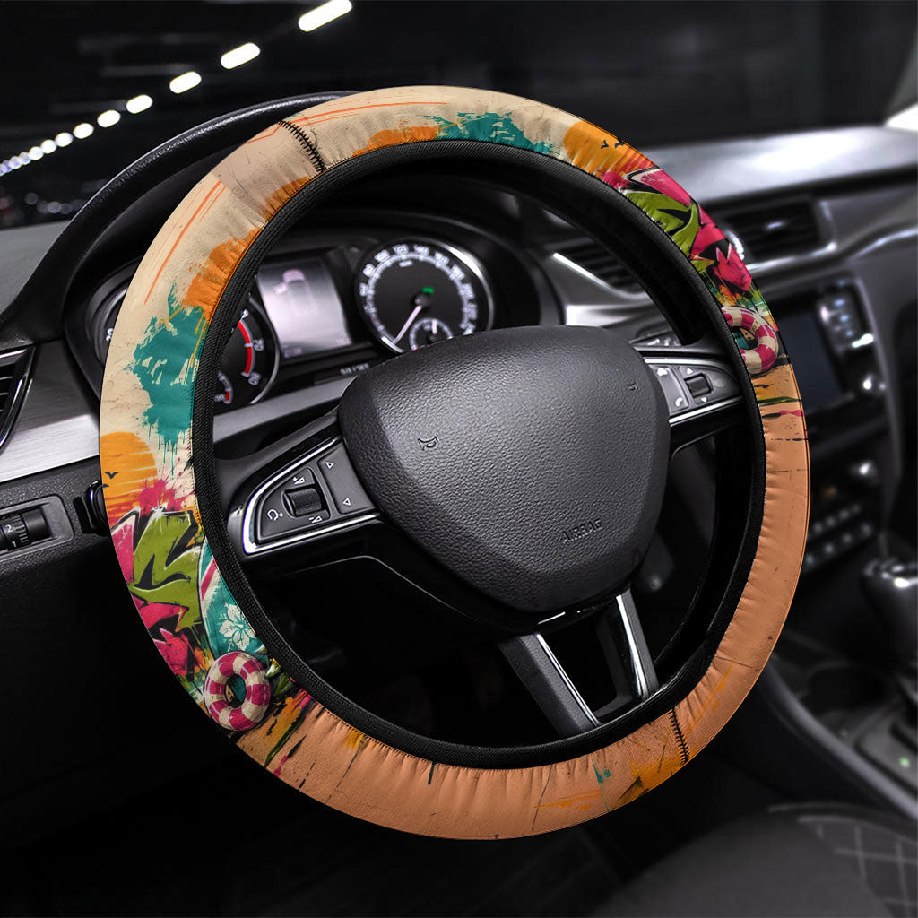 Tropical Christmas In July Candy Cane Surf Steering Wheel Cover Vibrant Street Art Beach Graffiti Graphic