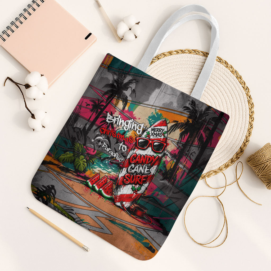 Tropical Christmas In July Candy Cane Surf Tote Bag Vibrant Street Art Beach Graffiti Graphic