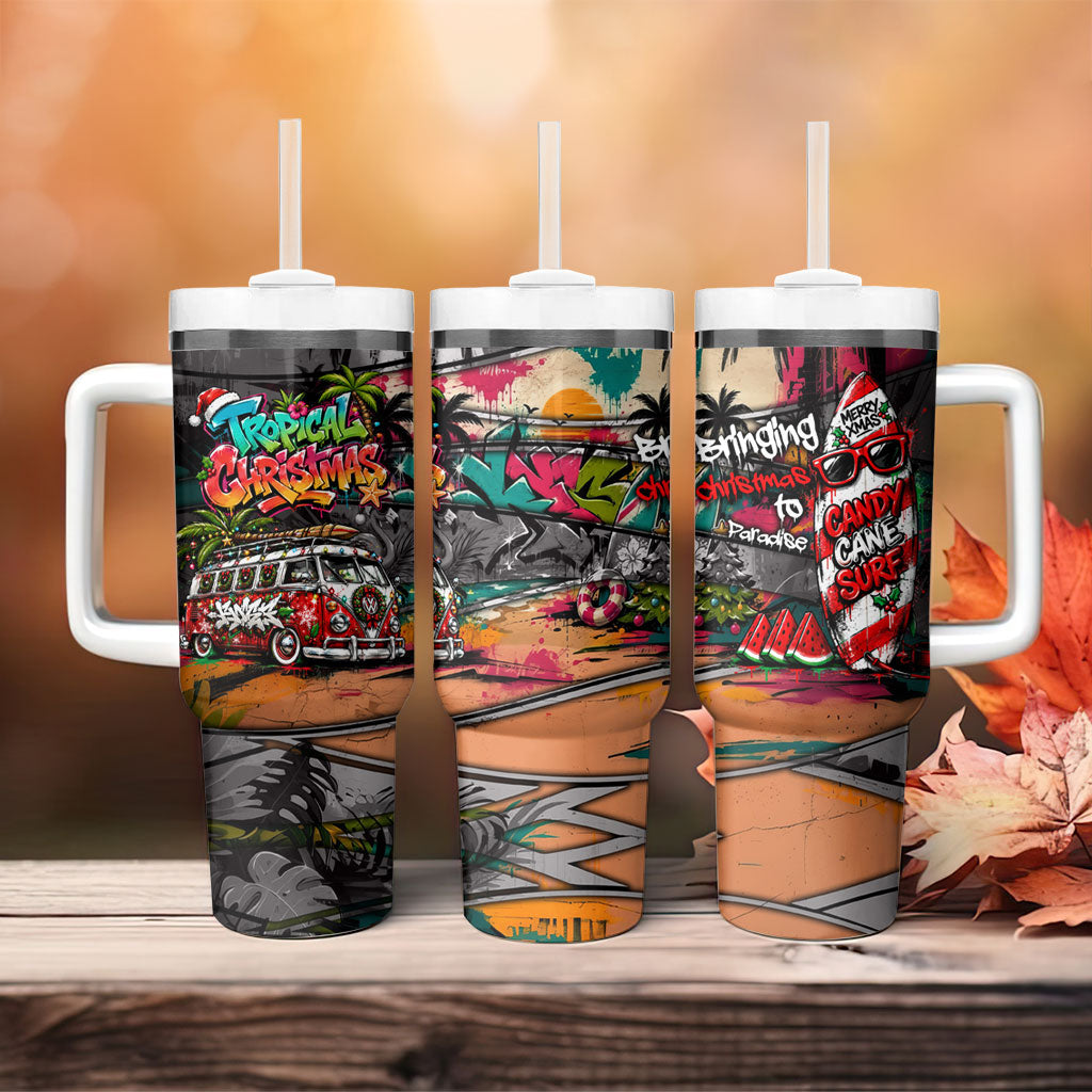 Tropical Christmas In July Candy Cane Surf Tumbler With Handle Vibrant Street Art Beach Graffiti Graphic