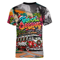 Tropical Christmas In July Candy Cane Surf Women V-Neck T-Shirt Vibrant Street Art Beach Graffiti Graphic TS04 - Polynesian Pride
