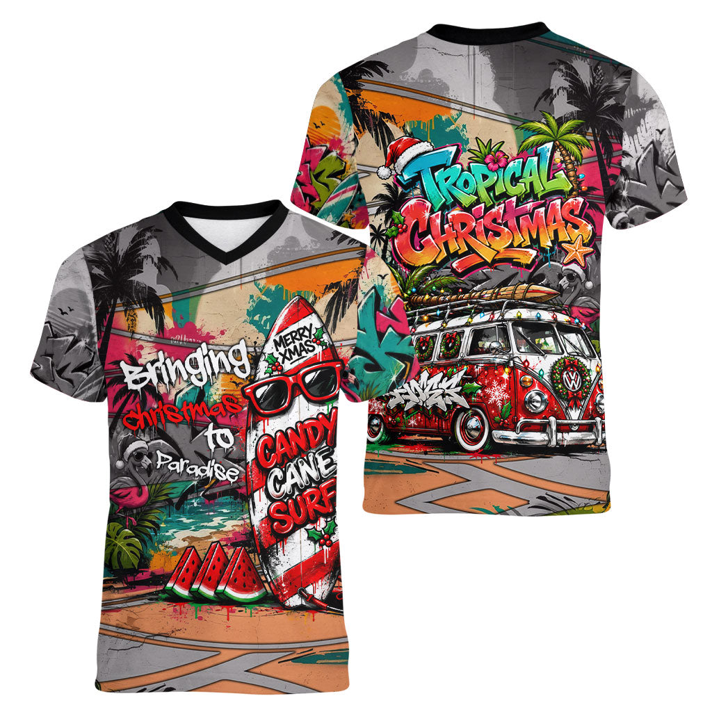 Tropical Christmas In July Candy Cane Surf Women V-Neck T-Shirt Vibrant Street Art Beach Graffiti Graphic TS04 - Polynesian Pride