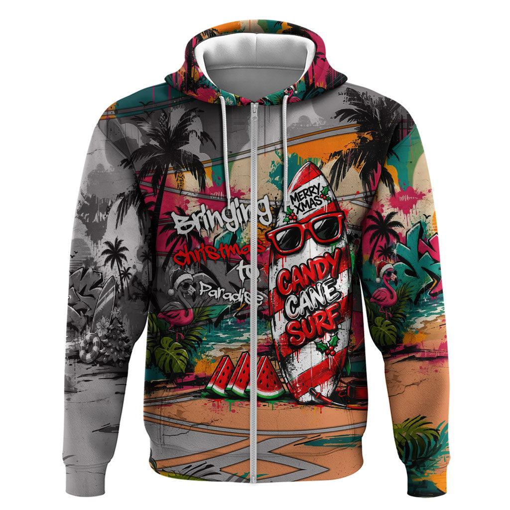 Tropical Christmas In July Candy Cane Surf Zip Hoodie Vibrant Street Art Beach Graffiti Graphic TS04 Zip Hoodie Orange Grey - Polynesian Pride