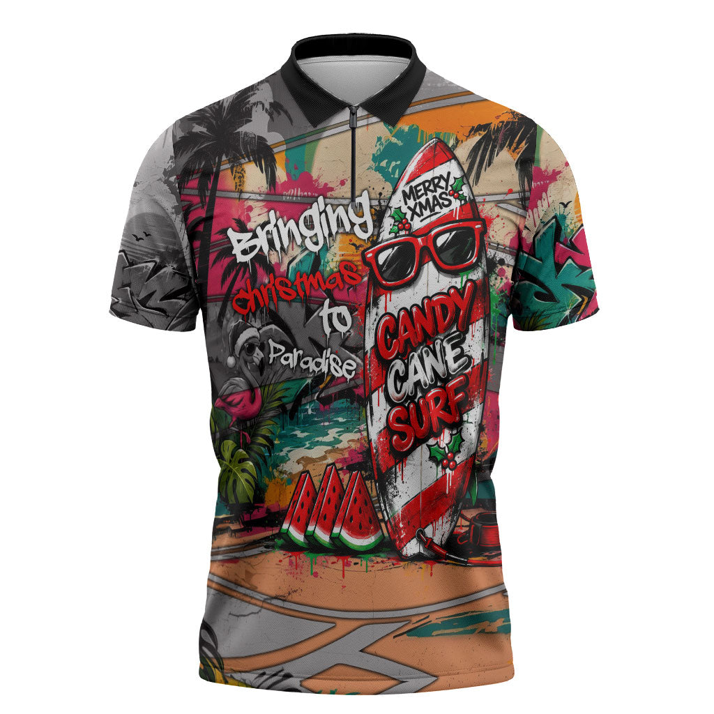 Tropical Christmas In July Candy Cane Surf Zipper Polo Shirt Vibrant Street Art Beach Graffiti Graphic