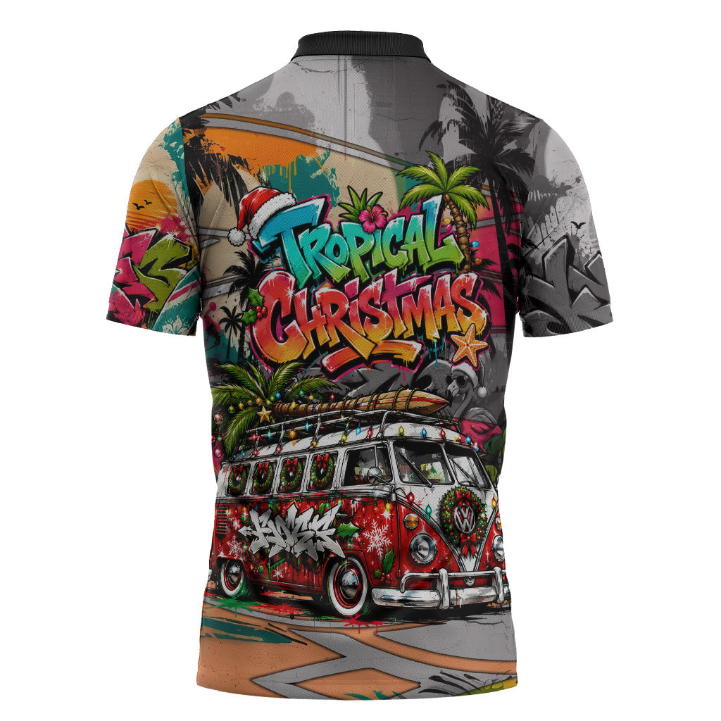 Tropical Christmas In July Candy Cane Surf Zipper Polo Shirt Vibrant Street Art Beach Graffiti Graphic