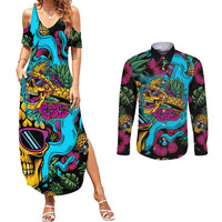Pineapple Skull Couples Matching Summer Maxi Dress and Long Sleeve Button Shirts Sumer Time TS04 - Polynesian Pride