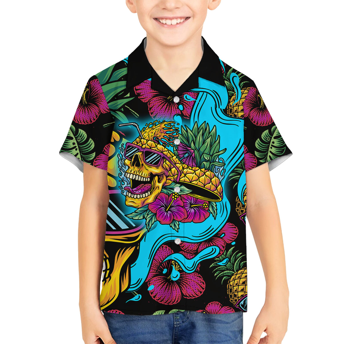 Pineapple Skull Family Matching Off Shoulder Maxi Dress and Hawaiian Shirt Sumer Time TS04 Son's Shirt Multicolor - Polynesian Pride