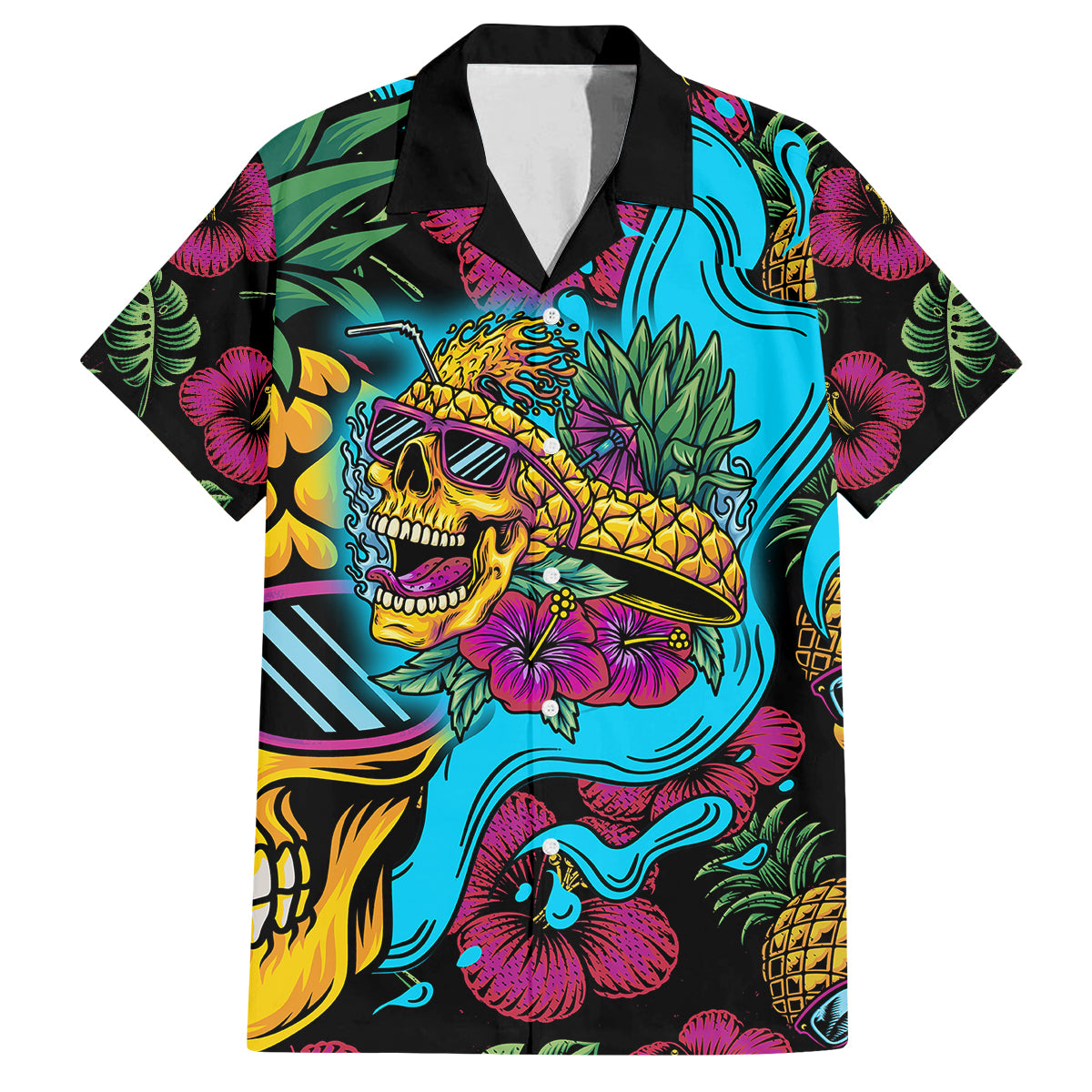 Pineapple Skull Family Matching Off Shoulder Short Dress and Hawaiian Shirt Sumer Time TS04 Dad's Shirt - Short Sleeve Multicolor - Polynesian Pride