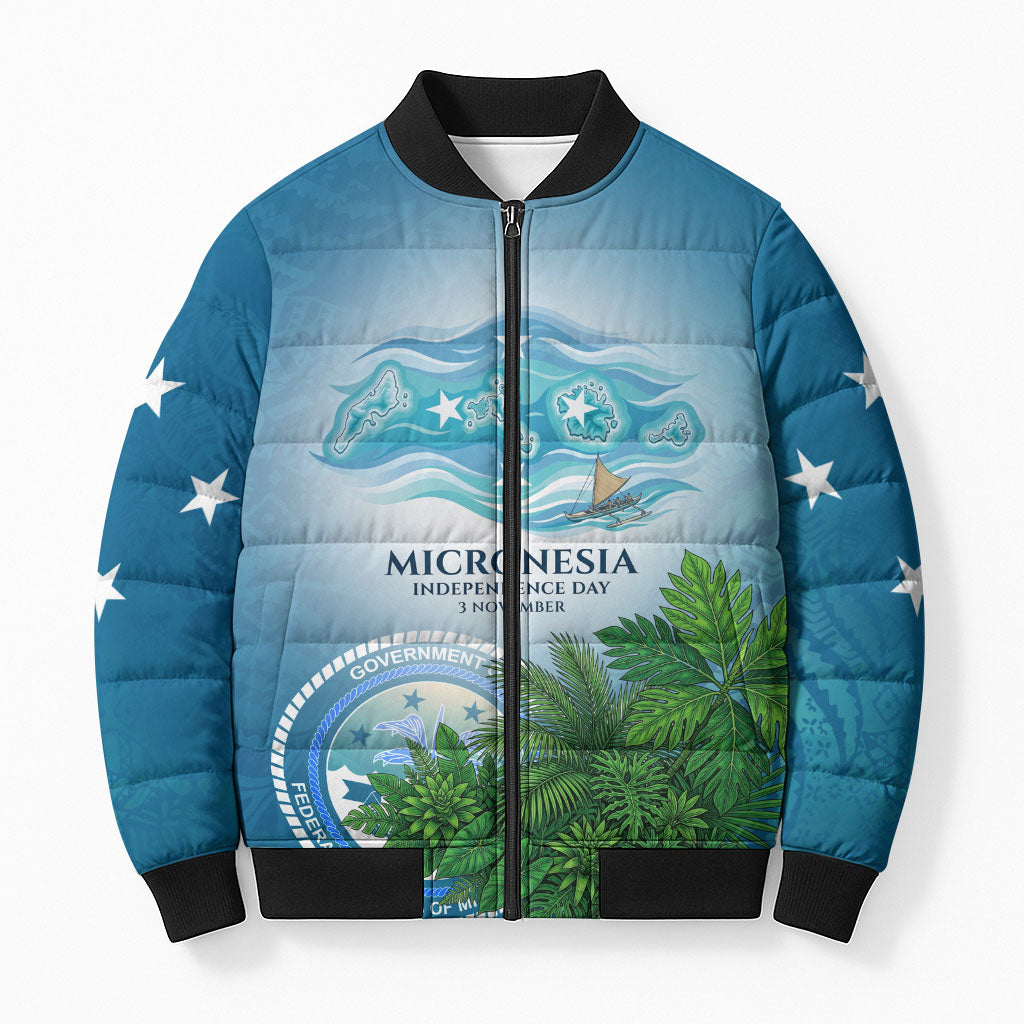 Micronesia Independence Day Bomber Puffer Jacket FSM Patriotic Pacific Island Nan Madol Ruins Seabird Tropical TS04 Unisex Blue Green - Polynesian Pride